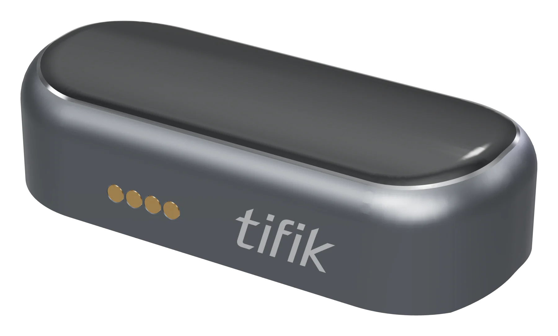 Rendu de l’appareil Tifik&nbsp;: coque anodisée graphite, verre foncé, quatre plots de charge dorés et gravure tifik sur le côté
